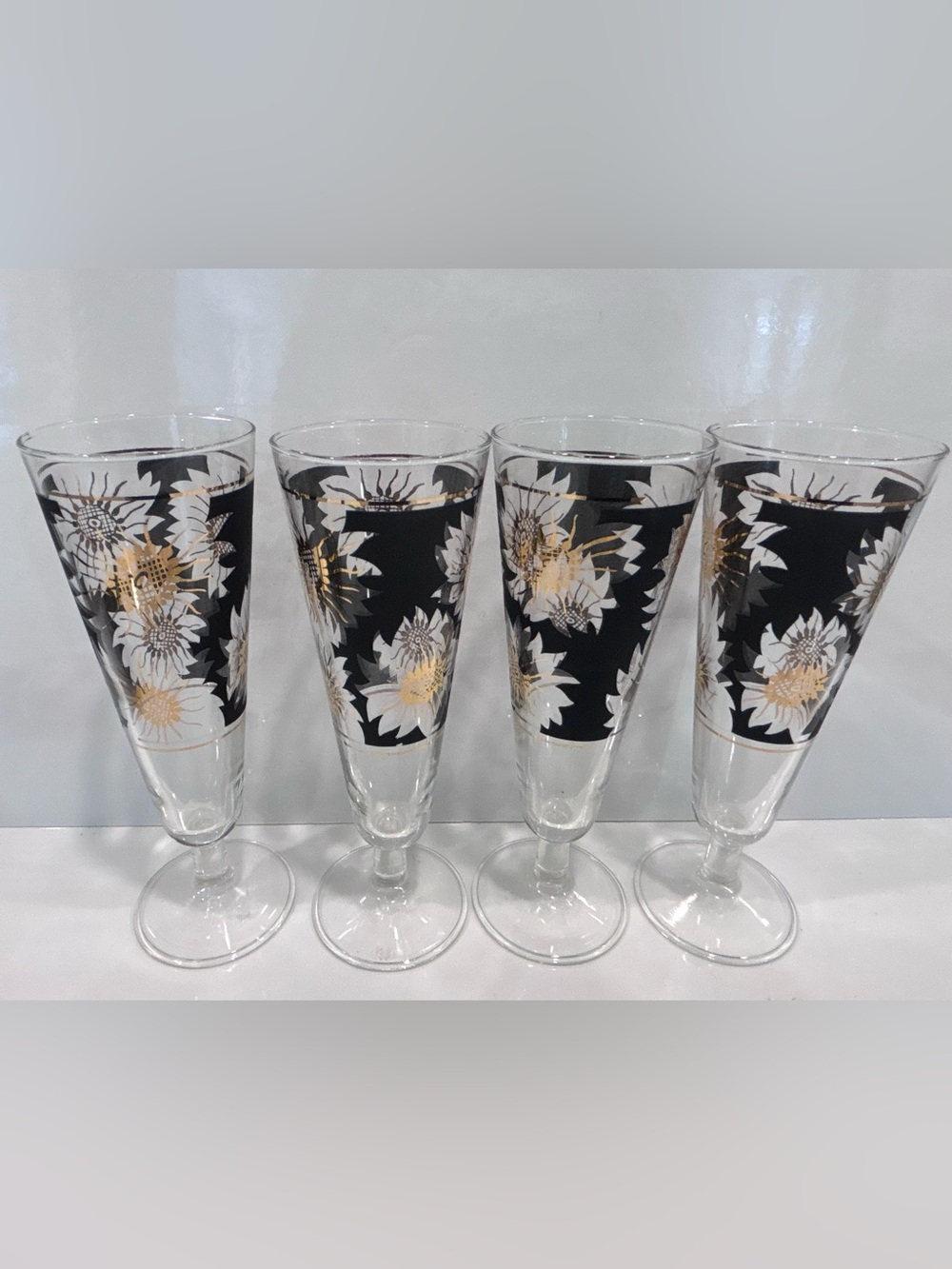 Vintage set of 4 black gold floral pilsner beer glasses MCM dessert cup Barware
